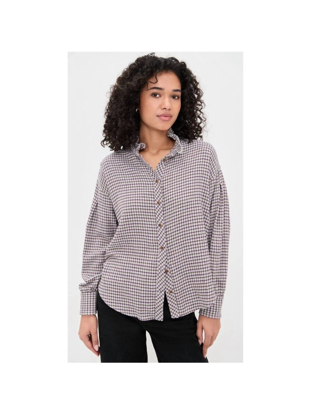 XIRENA Jensen Shirt Baby Blue Check M Ruffle Collar Plaid Ling Sleeve Women’s
